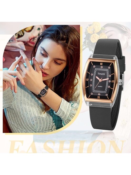 Women\'s Black Analog Quartz Tonneau Dial Adjustable Band Silicone Wrist Watch main image 5